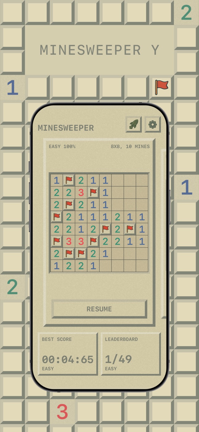 Minesweeper Y home screen showing a saved Easy game to resume, a best score of 4.65 seconds and a leaderboard rank of 1 out of 49.