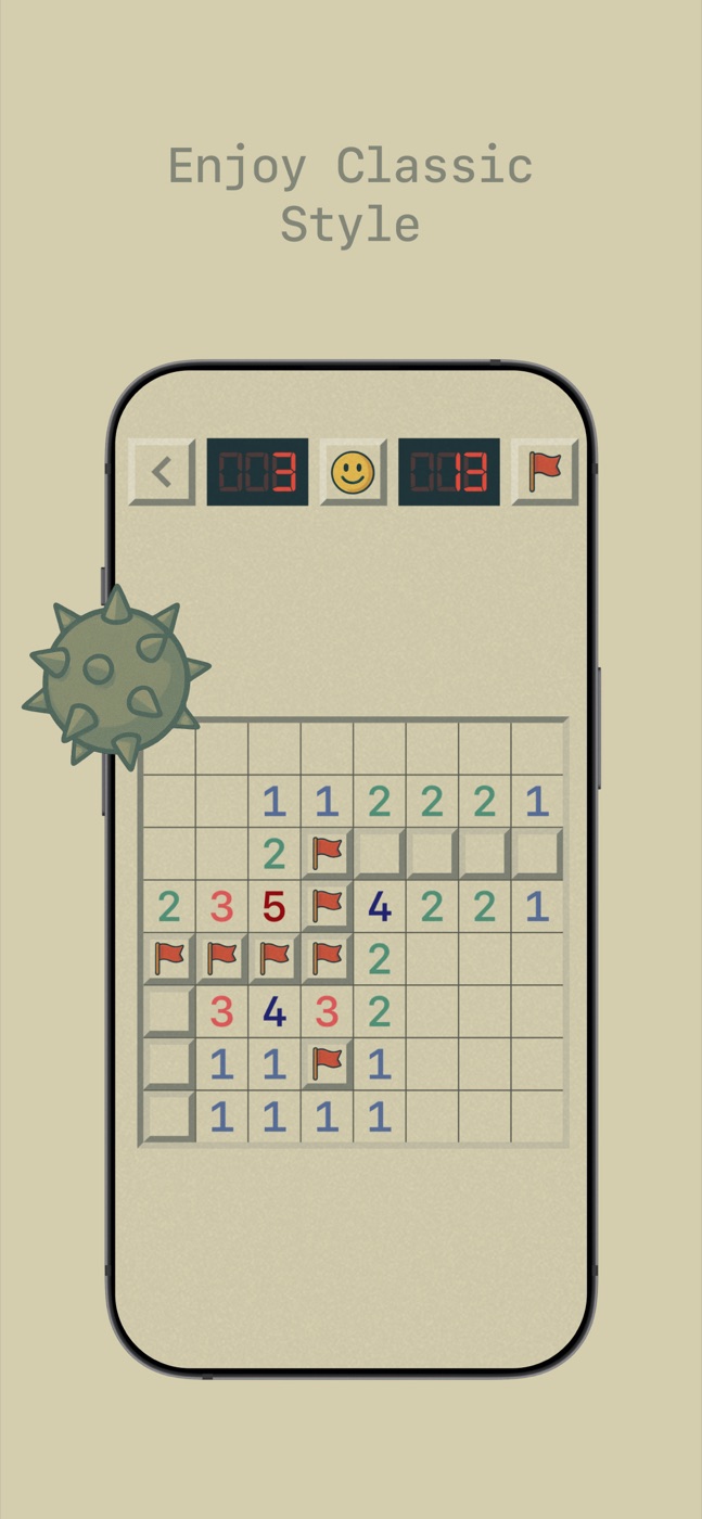 Gameplay in light mode with the classic beveled tiles, coloured numbers and red flags.