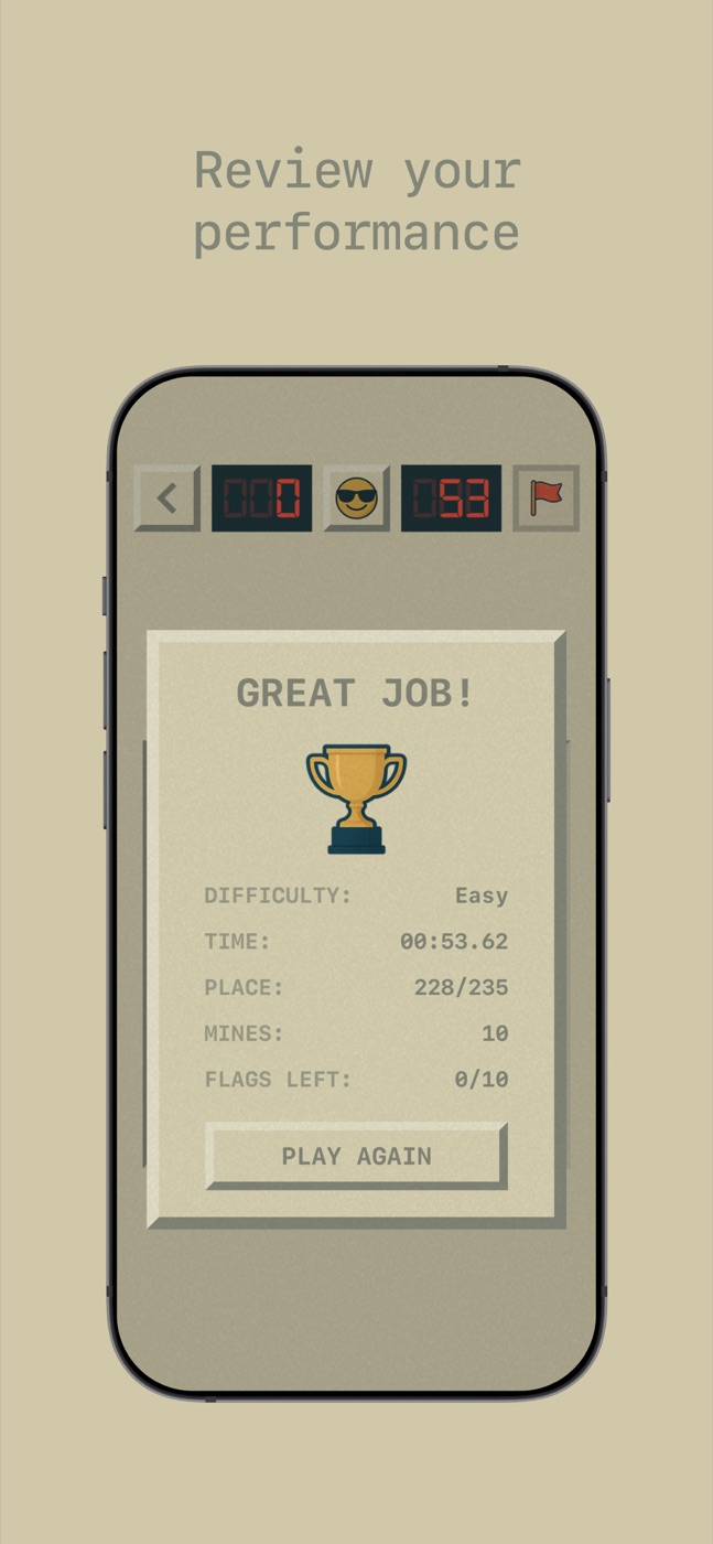 The win screen reading Great Job, with a trophy and a summary of difficulty, time, place, mines and flags left.